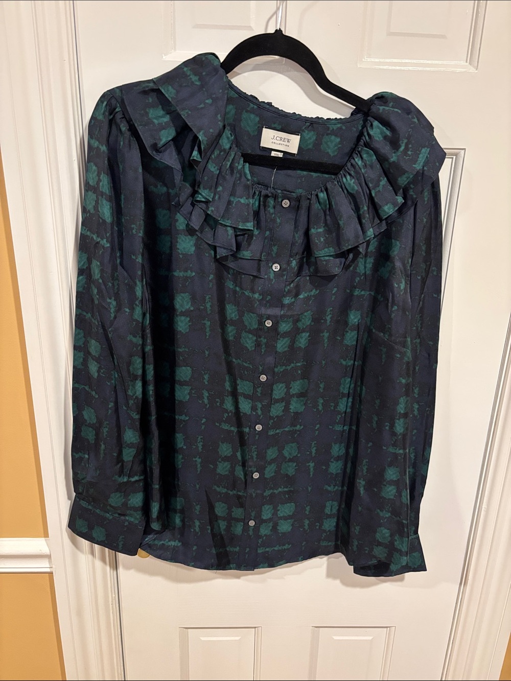 J. Crew Dark Navy and Teal Ruffled Collar Button-Down Blouse